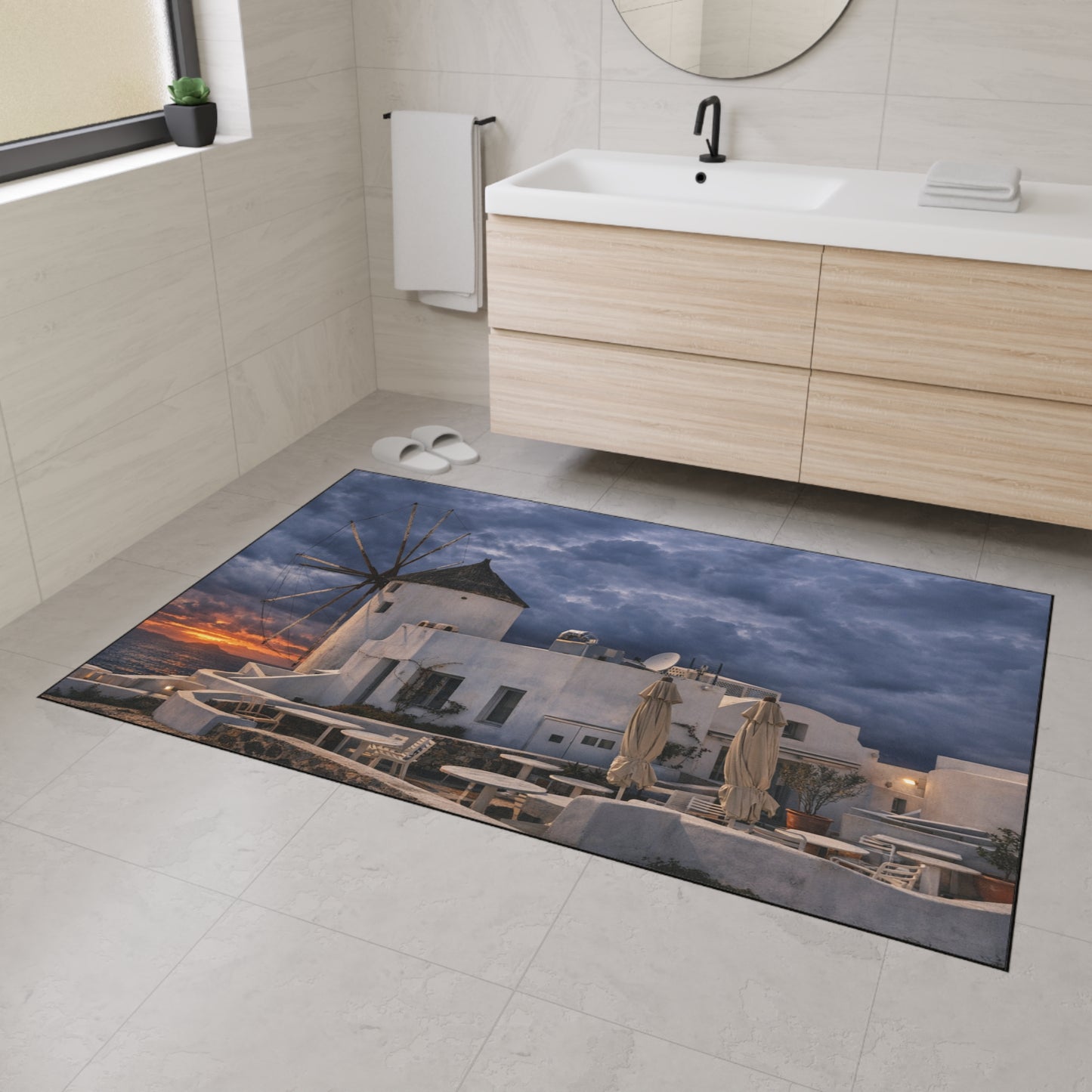 Oia Santorini Windmill Floor Mat — Mediterranean Coastal Sunset Home Decor