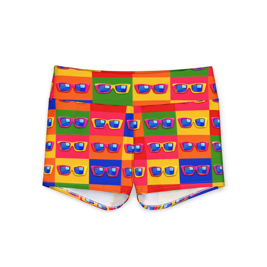 Retro Sunglasses Print Yoga Shorts — Bright Rainbow Activewear for Women