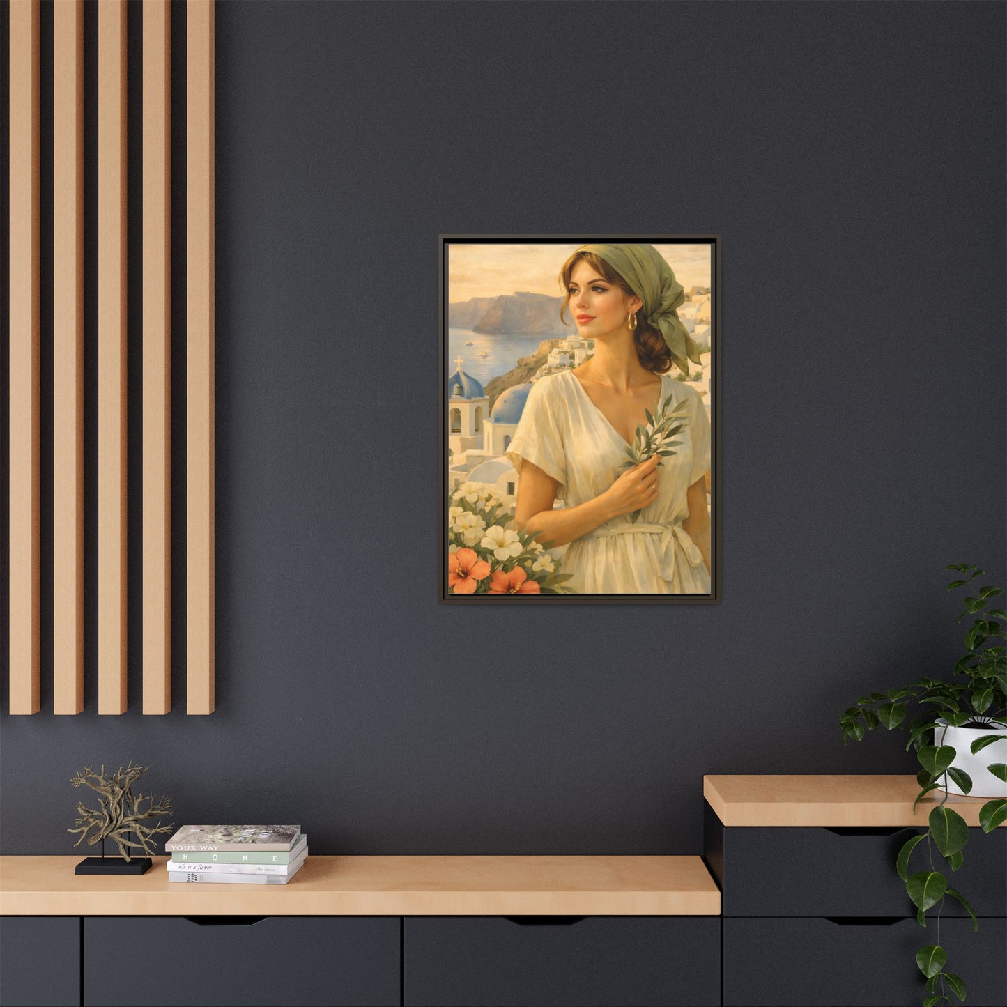 Oia Santorini Greek Woman Portrait — Romantic Vintage Framed Matte Canvas Art