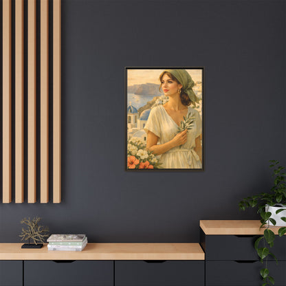 Oia Santorini Greek Woman Portrait — Romantic Vintage Framed Matte Canvas Art