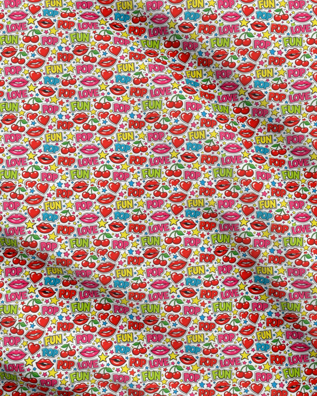 Colorful pattern with lips, stars, and text on a pink background