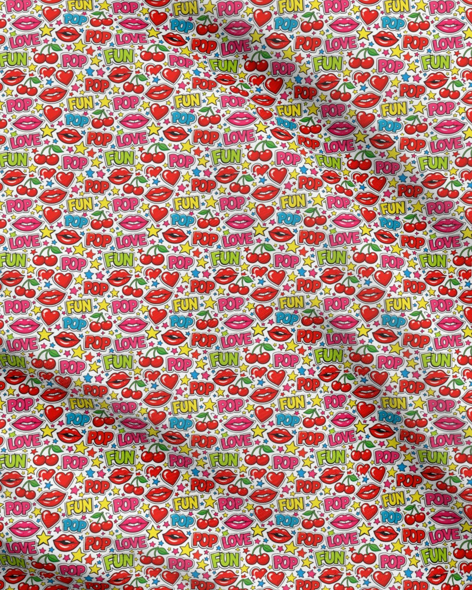 Colorful pattern with lips, stars, and text on a pink background