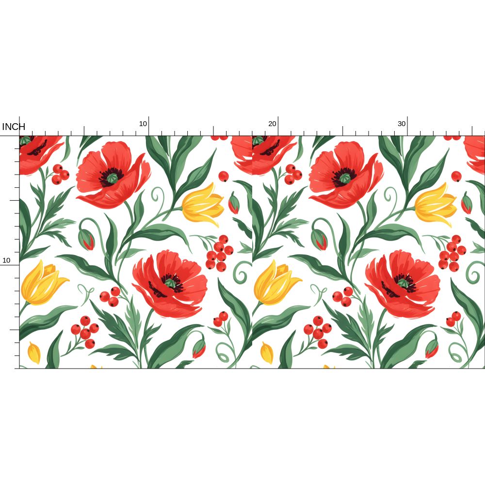 Elegant Poppy and Tulip Botanical Fabric Printing
