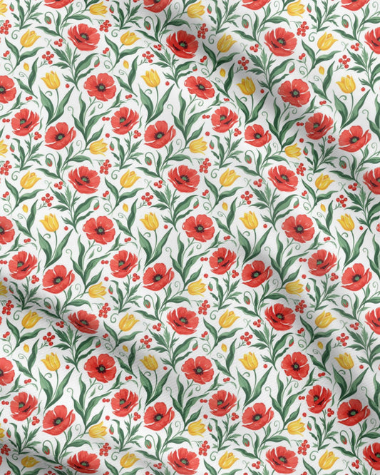 Elegant Poppy and Tulip Botanical Fabric Printing