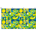 Fruit pattern fabric swatch with lemons, bananas, and grapes on a blue and green checkered background.