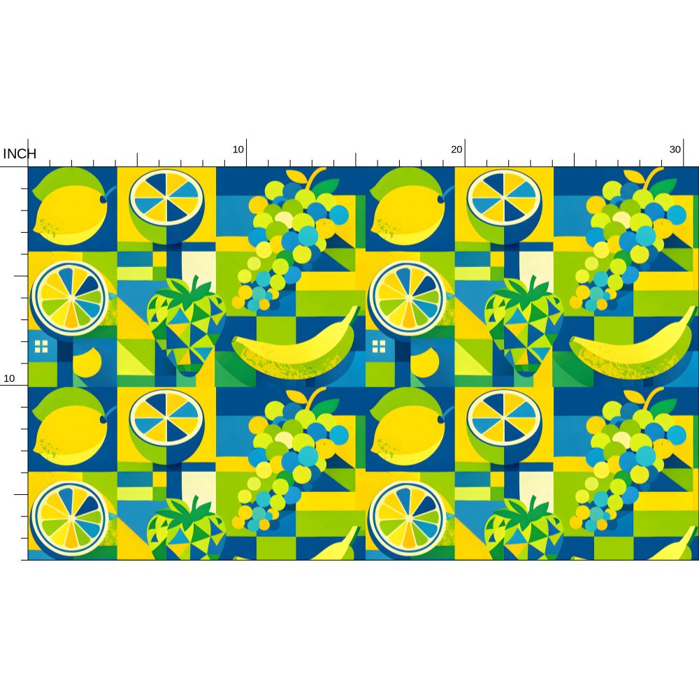 Fruit pattern fabric swatch with lemons, bananas, and grapes on a blue and green checkered background.