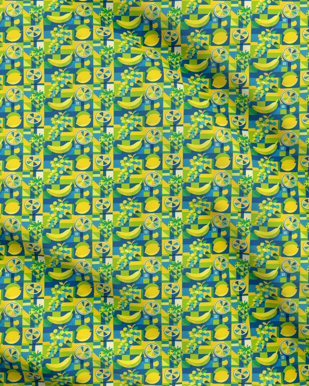 Patterned fabric with lemons and stripes on a blue and green background