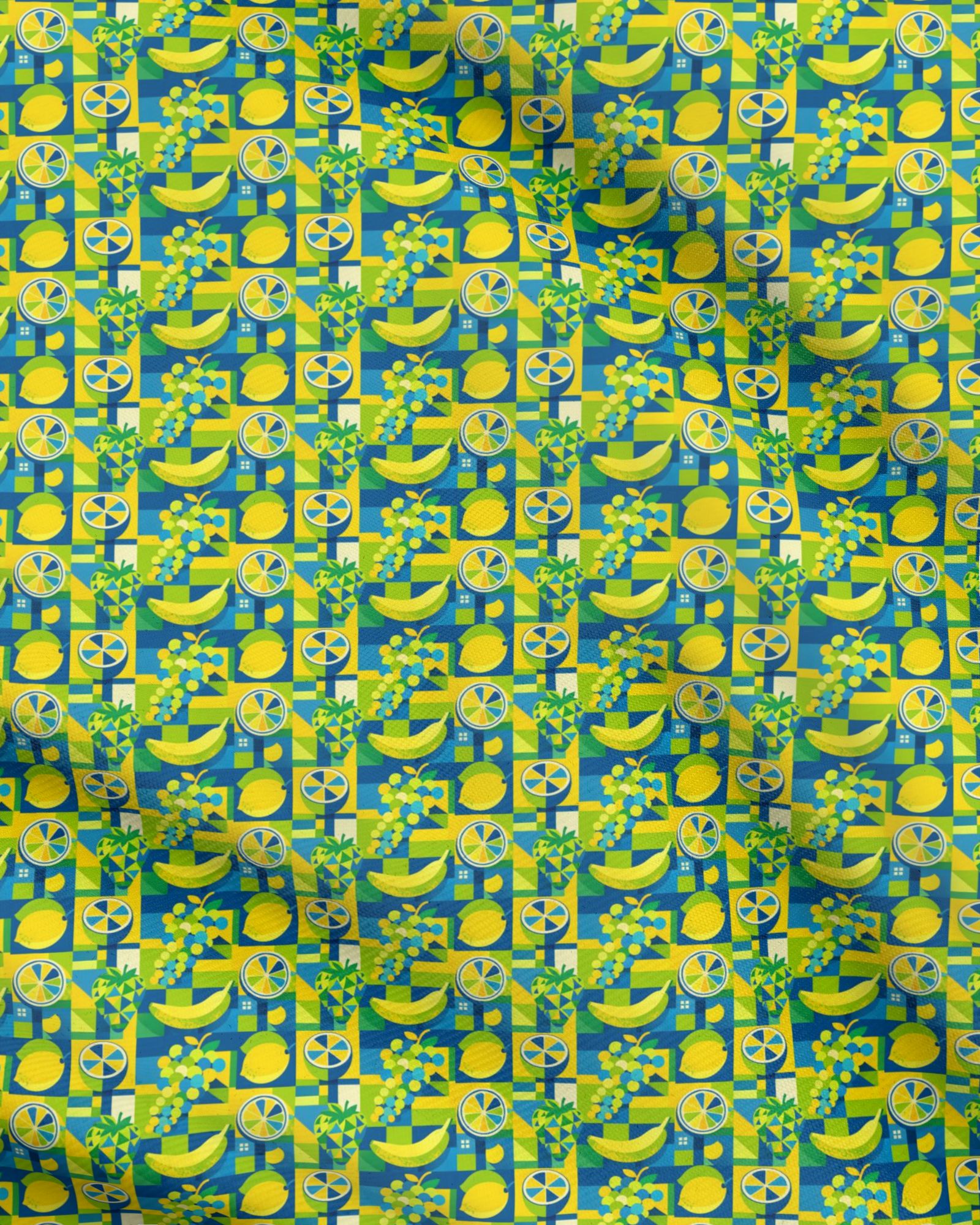 Patterned fabric with lemons and stripes on a blue and green background