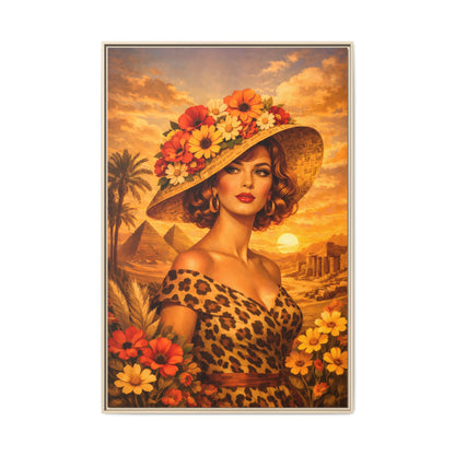 Elegant glamorous vintage woman in Egypt front of Giza pyramids at sunset, retro safari travel fashion illustration, Framed