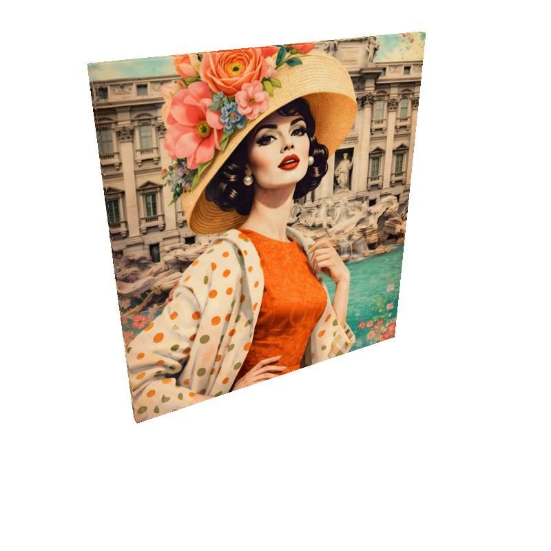 Vintage-style poster of a woman in an orange dress and floral hat with a cityscape background.