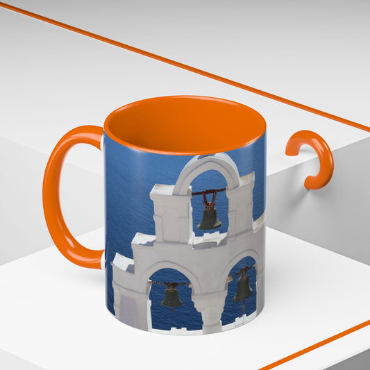 Santorini Bell Towers coffee mug | Greek island scene, blue sea accent mug