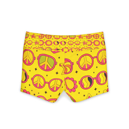 Women's Yoga Shorts — Retro 60s Peace Sign & Star Print Activewear