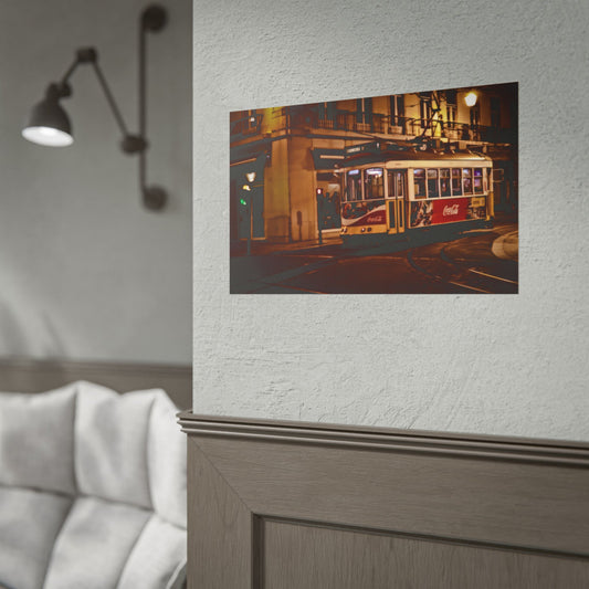 Lisbon Night Tram Poster, Portugal Cityscape Wall Art, Moody Urban Photography Print, European Street Scene Decor, Vintage Tramway Wall Art