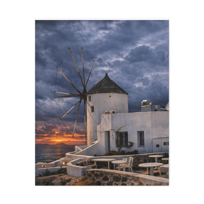 Santorini Windmill Coastal Sunset Stretched Canvas | Greek Island Seascape