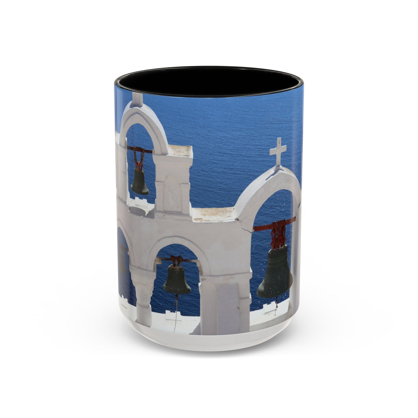 Santorini Bell Towers coffee mug | Greek island scene, blue sea accent mug