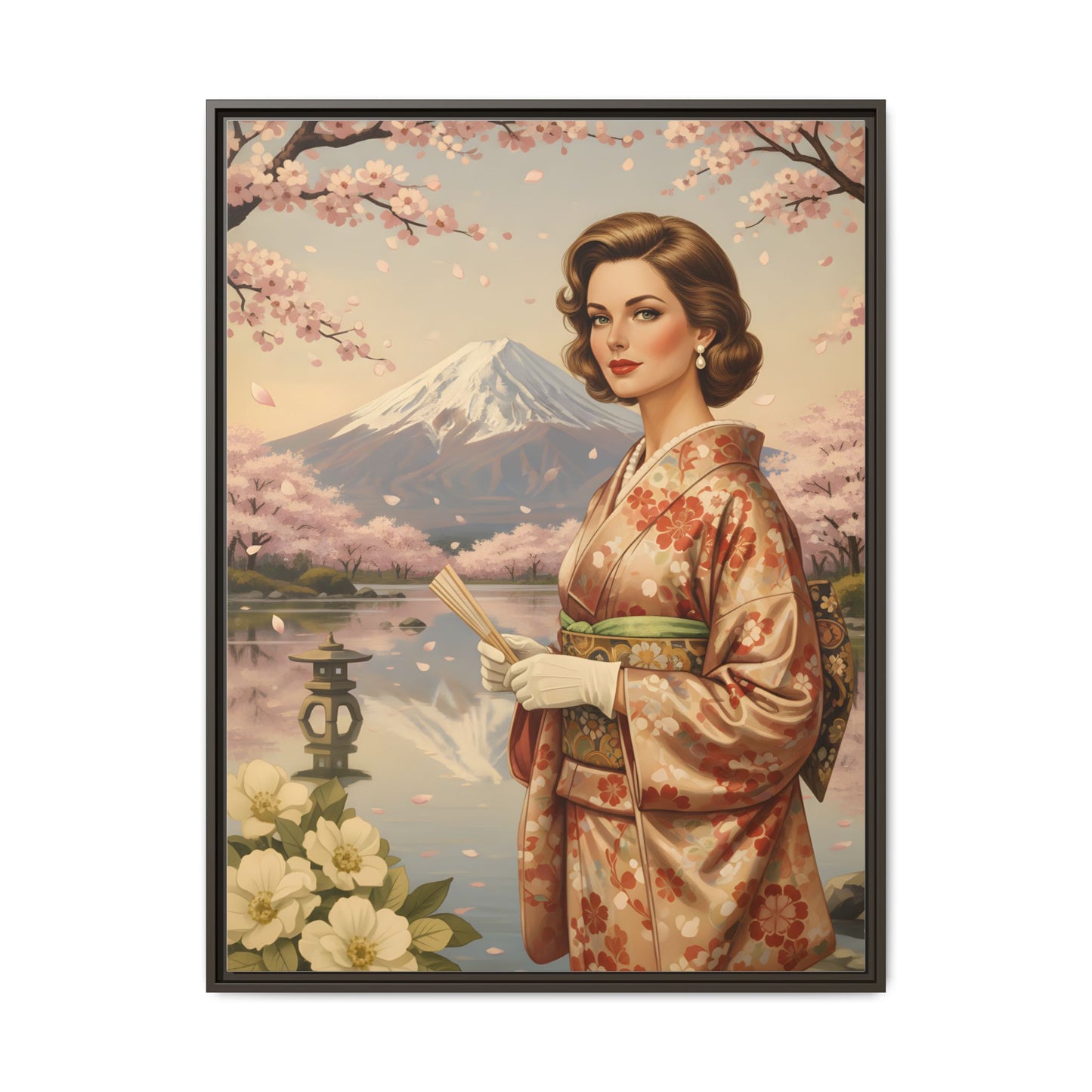 Framed Matte Canvas Art — Vintage Geisha in Kimono with Mount Fuji
