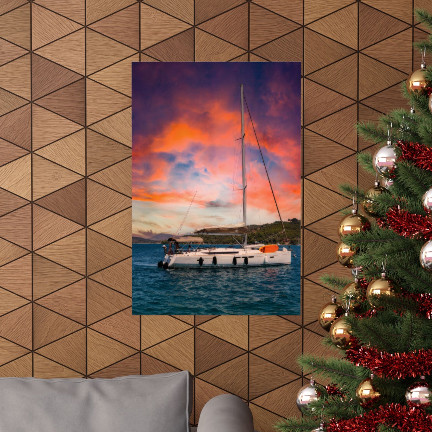Luxury Yacht Sunset Poster, Mediterranean Sailing Wall Art, Vibrant Orange Sky Seascape, Nautical Home Decor, Modern Sailboat Print