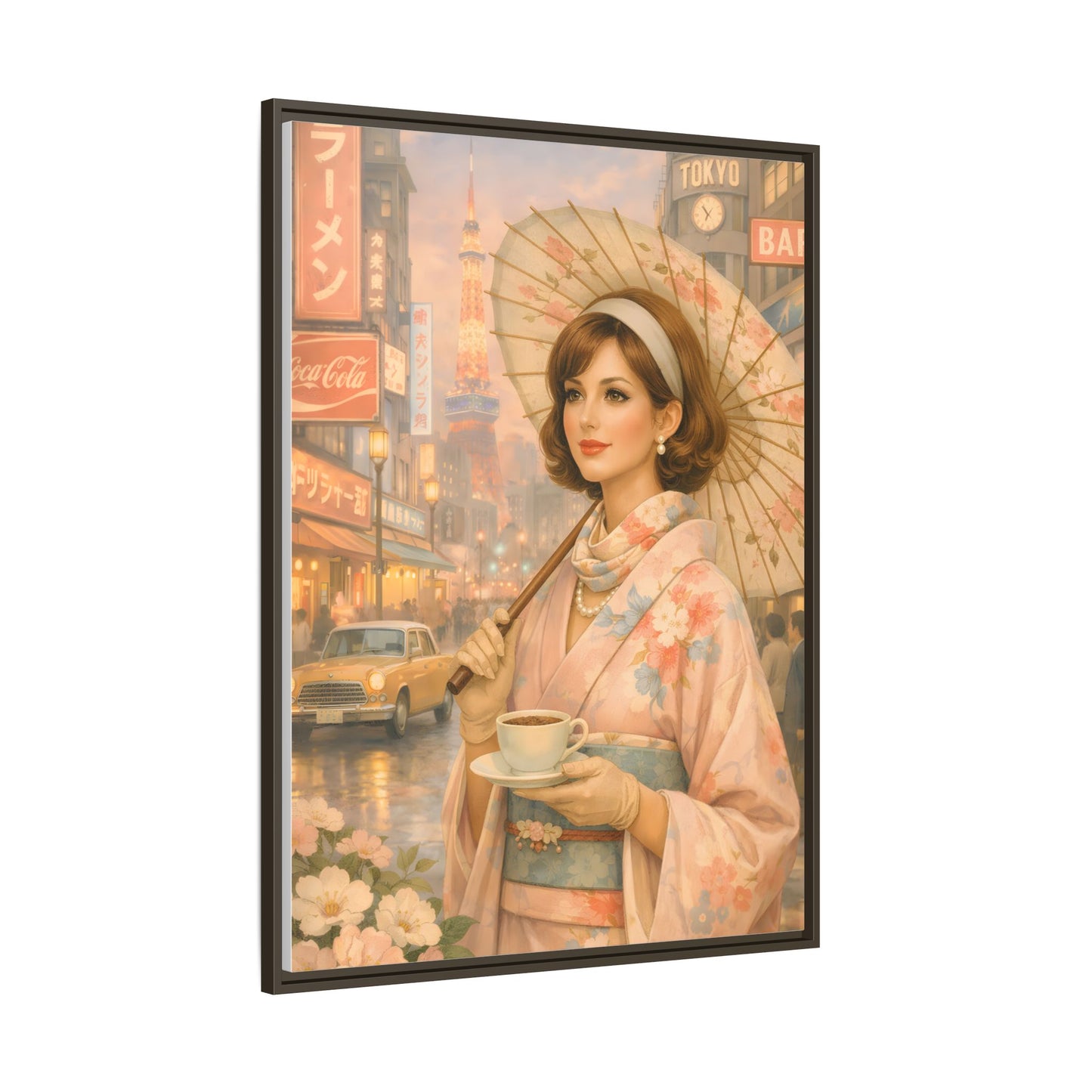 Elegant vintage woman in kimono holding parasol in Tokyo — Framed Matte Canvas Wall Art