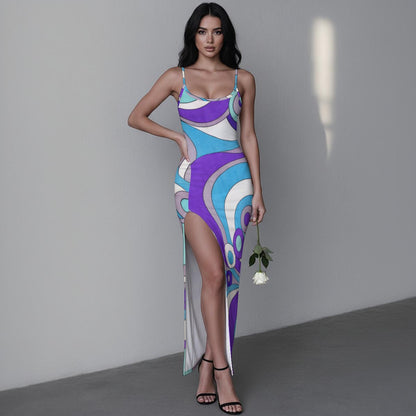 Retro Wave Swirl Women's Long Dress with Slit | 60s Mod Purple Turquoise Geometric Bodycon Maxi