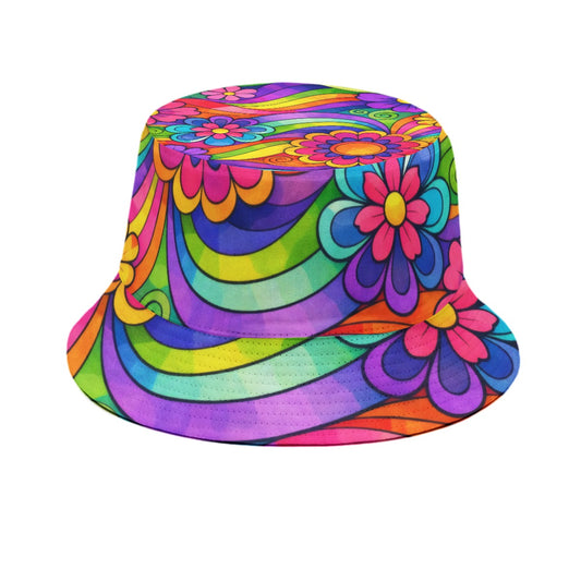 Groovy 70s Flower Power Rainbow Bucket Hat | All-Over Print