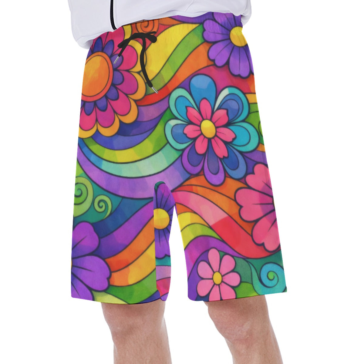 70s Rainbow Flower Power Men's Beach Shorts | All-Over Print With Lining