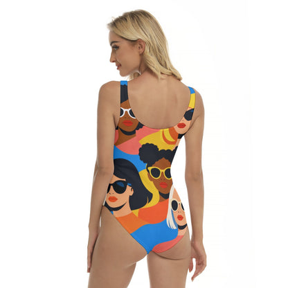 70s Afro Girl Pop Art Women's One-Piece Swimsuit — Retro Collage Print