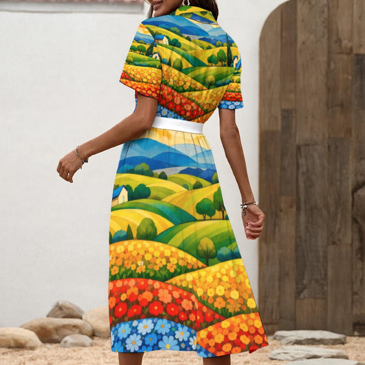 Painted Flower Field Women's Shirt Dress with Waist Tie | Artistic Countryside Landscape Print