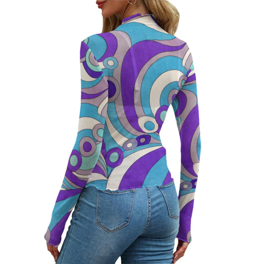 60s Op Art Swirl Women's Mesh T-shirt — Long Sleeve Purple & Blue Pucci Print