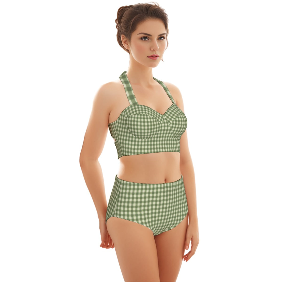 60s Sage Green Gingham High-Waist Halter Bikini Set — Retro Pin-Up Swimwear