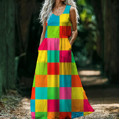 Rainbow Color Block Maxi Dress — Bold Grid Print Sleeveless