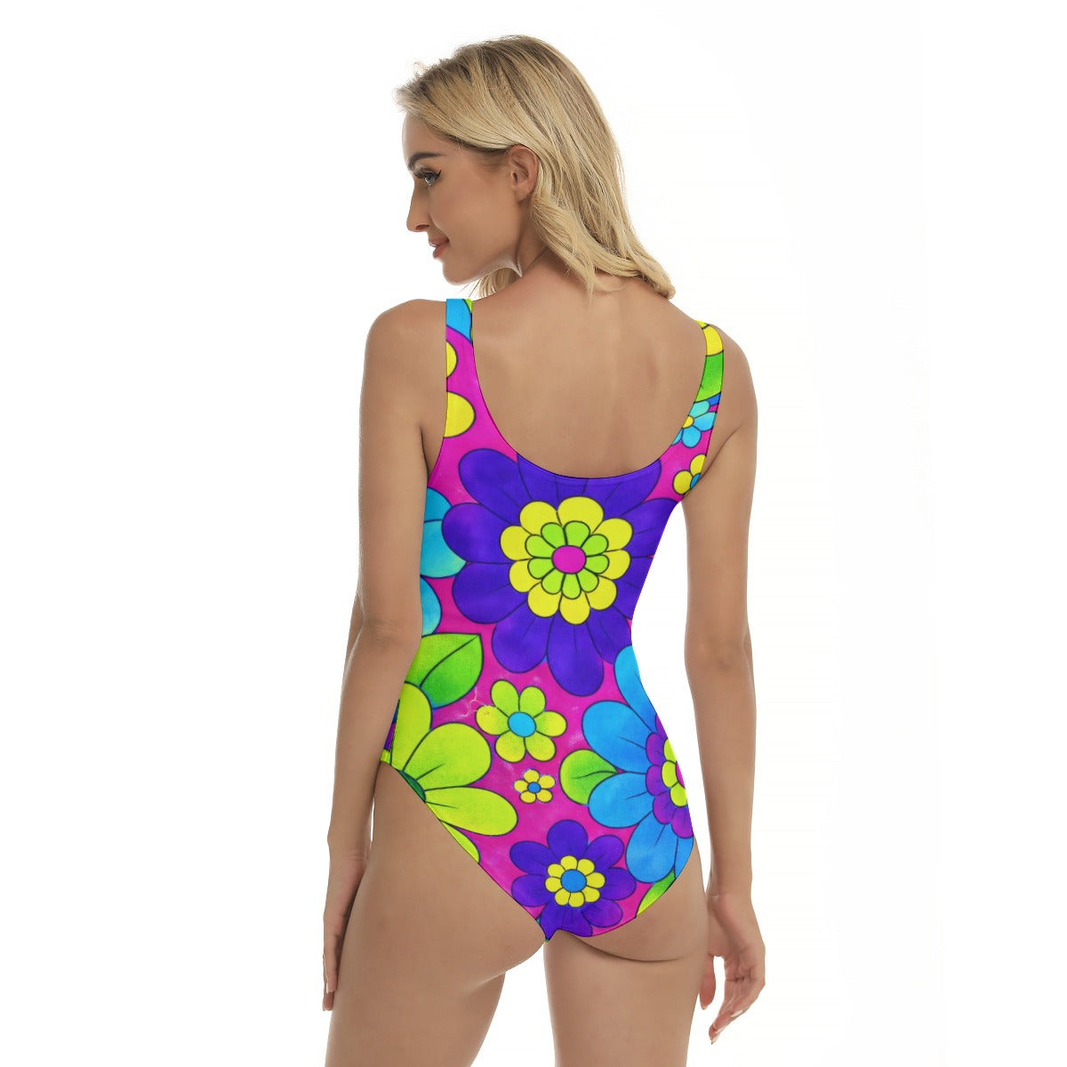 60s Neon Daisy Pop Art Women's One-Piece Swimsuit — Bold Retro Floral