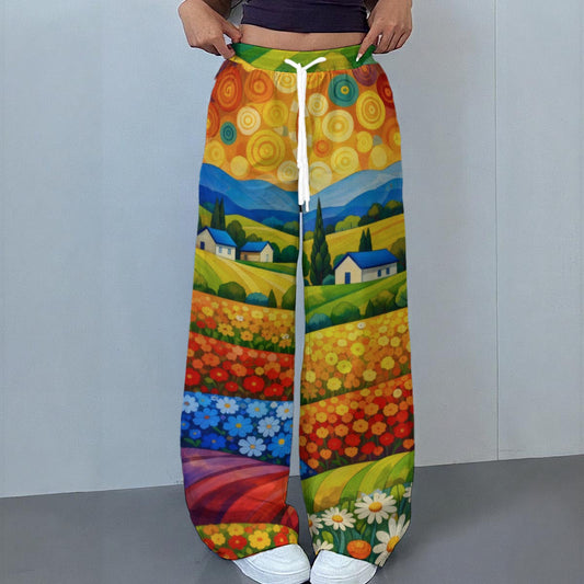 Colorful Flower Field Landscape Women's Casual Pants | Artistic Countryside Print