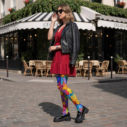Rainbow Daisy Explosion Women's High-Stretch Tights | All-Over Print