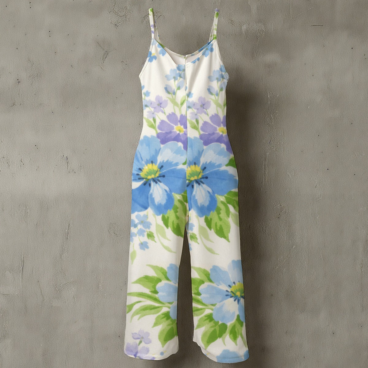 60s Vintage Blue Floral Wide-Leg Jumpsuit — Retro Spaghetti Strap All-Over Print