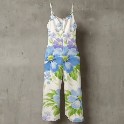 60s Vintage Blue Floral Wide-Leg Jumpsuit — Retro Spaghetti Strap All-Over Print