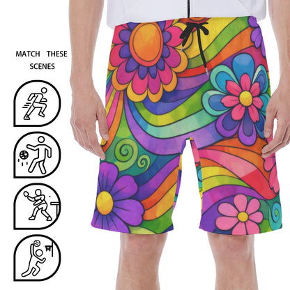 70s Rainbow Flower Power Men's Beach Shorts | All-Over Print With Lining