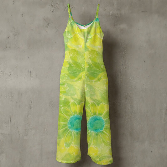 60s Lime Green Dot Wide-Leg Jumpsuit — Groovy Teal Circle Spaghetti Strap