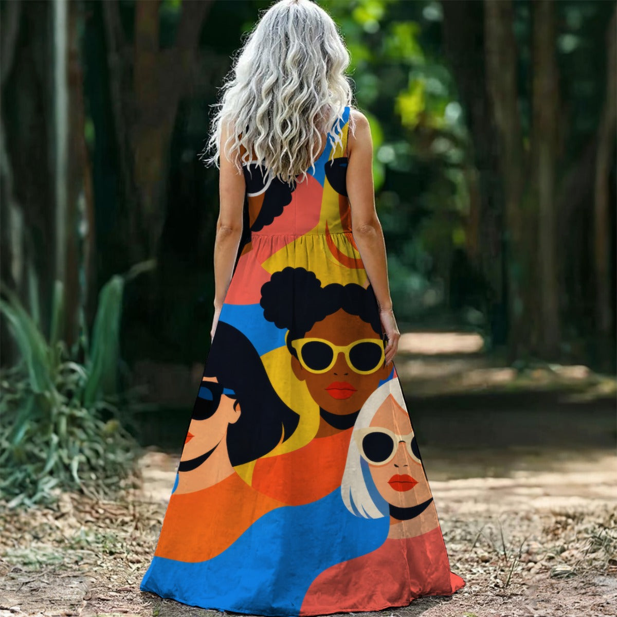 Pop Art Women Faces Women's Sleeveless Maxi Dress | Bold Retro Girl Power Print