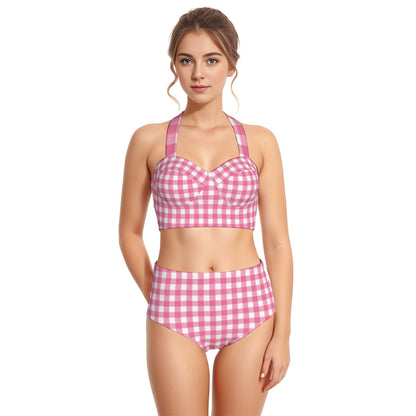 60s Pink Gingham High-Waist Halter Bikini Set — Retro Pin-Up Swimwear