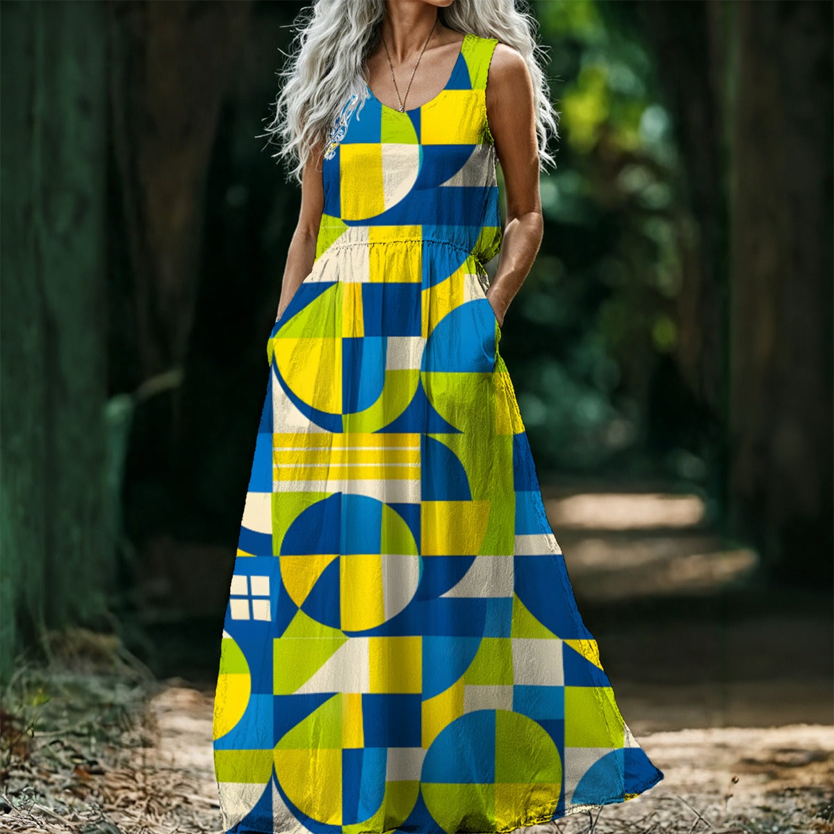 Bauhaus Geometric Maxi Dress — Blue Yellow Green Circle Print