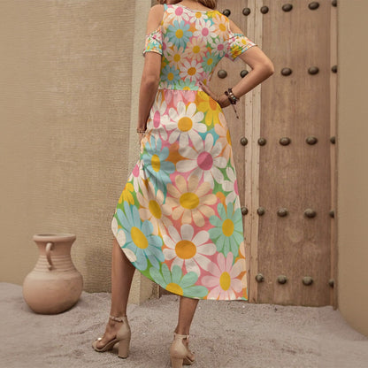 Groovy 70s Hippie Flower Power Daisy Apparel All-Over Print Women's V-neck Off-shoulder Dress