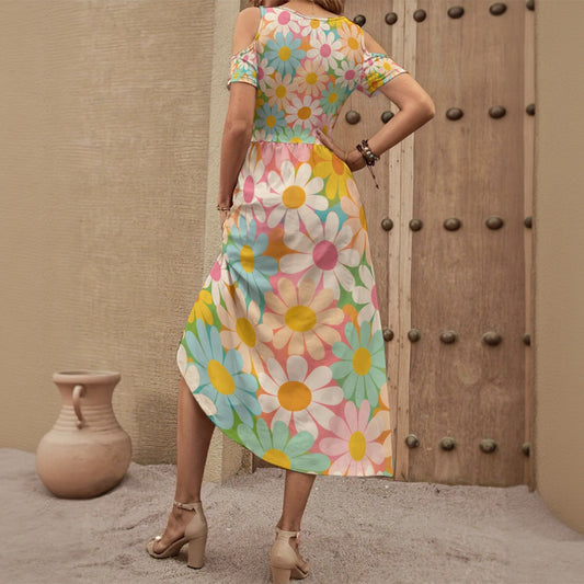 Groovy 70s Hippie Flower Power Daisy Apparel All-Over Print Women's V-neck Off-shoulder Dress