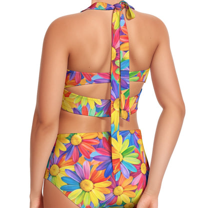 60s Neon Daisy High-Waist Halter Bikini Set — Rainbow Floral Pin-Up Swimwear