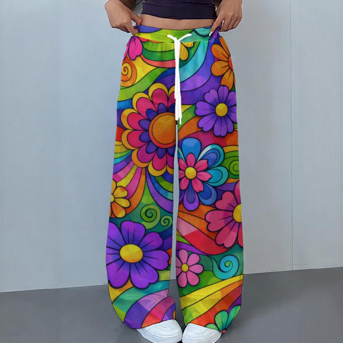 Psychedelic Cartoon Floral Women's Casual Pants | 70s Rainbow Swirl Print