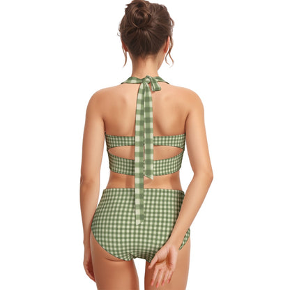60s Sage Green Gingham High-Waist Halter Bikini Set — Retro Pin-Up Swimwear