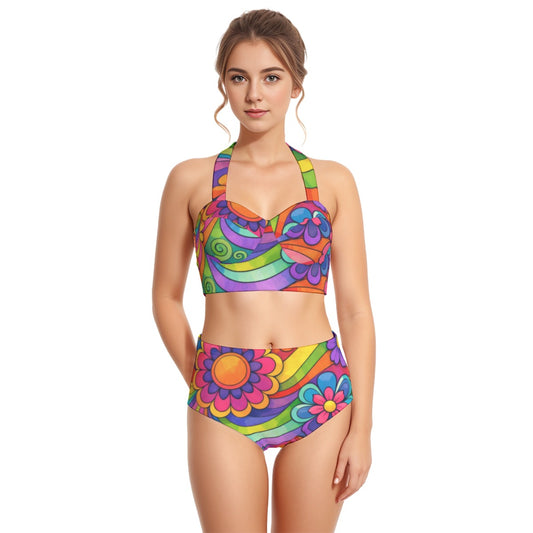 60s Flower Power Rainbow High-Waist Halter Bikini Set — Groovy Psychedelic Pin-Up