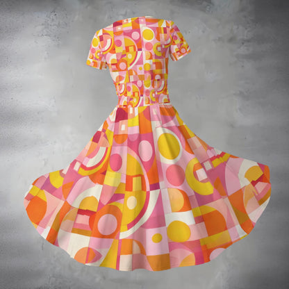 Colorful vintage-style dress with geometric pattern on a gray background