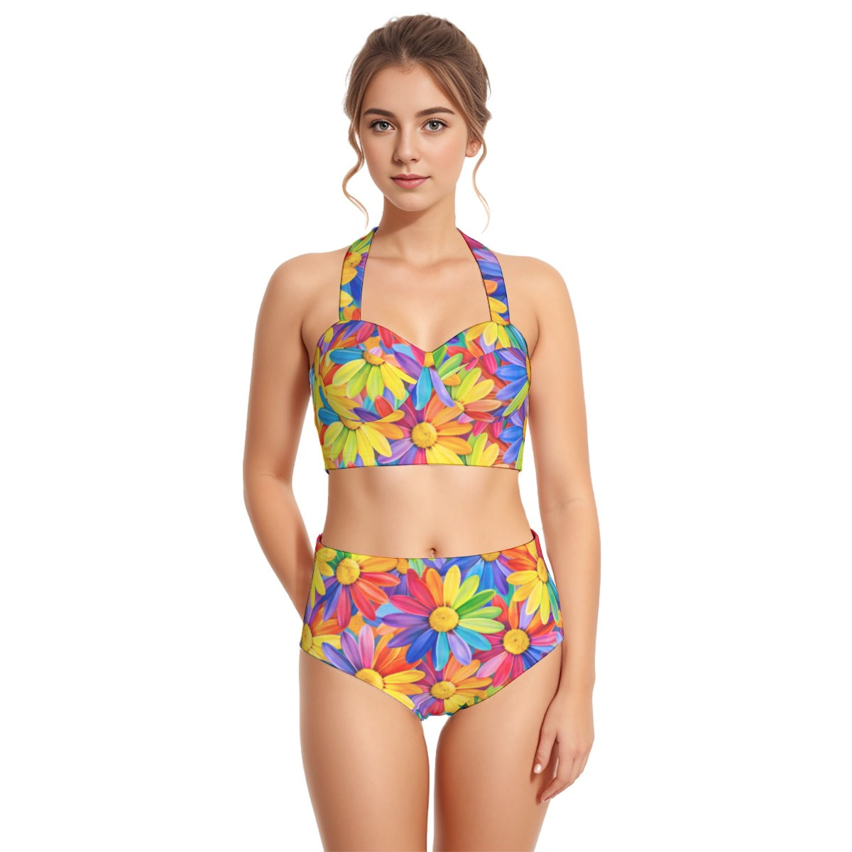60s Neon Daisy High-Waist Halter Bikini Set — Rainbow Floral Pin-Up Swimwear