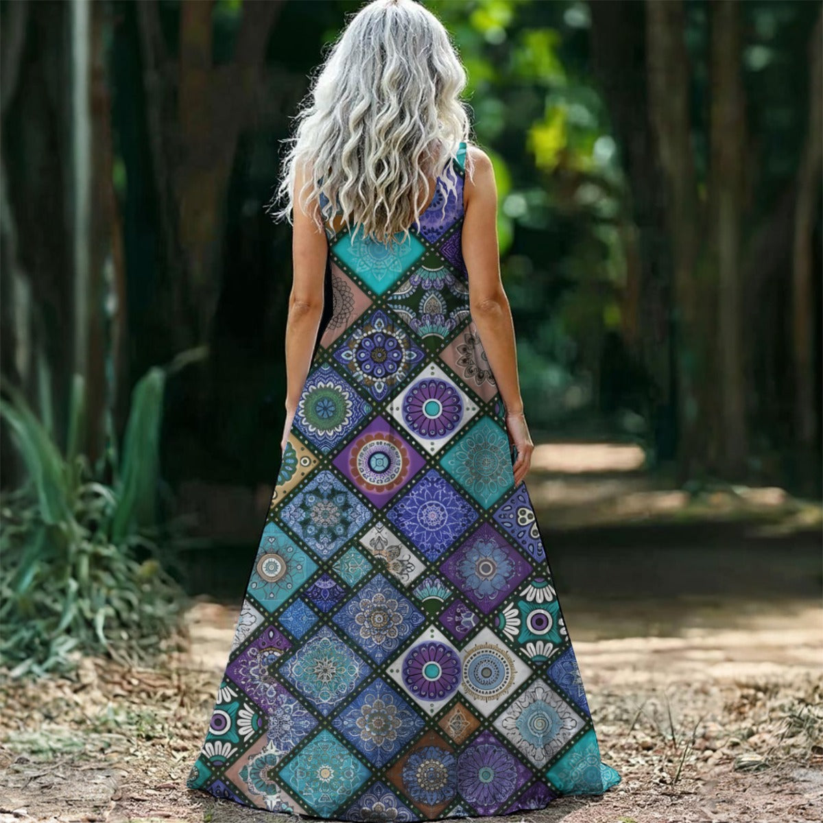 Mandala Patchwork Maxi Dress — Boho Purple Teal Tile Print