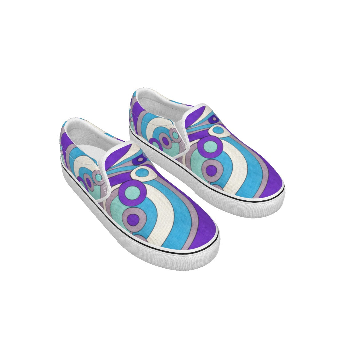 A pair of slip-on canvas shoes with a retro 1970s-style psychedelic pattern featuring purple, light blue, teal, and white concentric circles and wavy stripes, set against a plain white background.